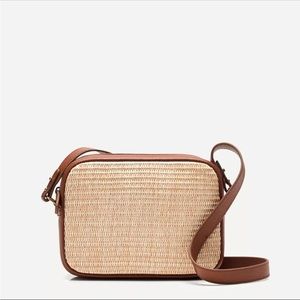 I Crew Crossbody Camera Bag Raffia Brown Tan Leather Trim